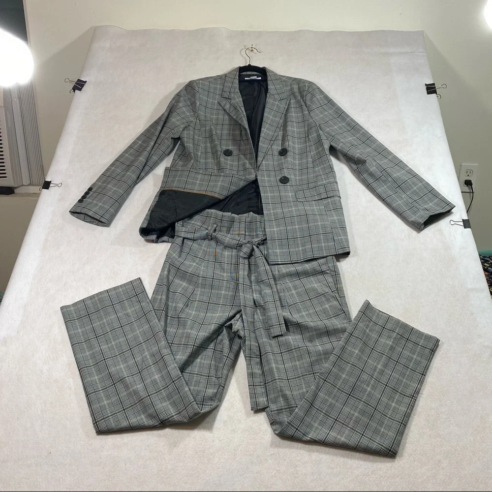 Glen Check Plaid Pant Suit Blazer Paper Bag Waist Pant Liz Claiborne Gray Black - Picture 16 of 16